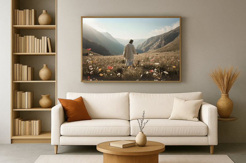Quadro Cristão: Jesus no campo de Flores | Alta resolução 4K Mateus 🙏🌼 - 6:28-30 e 1 Pedro 1:24